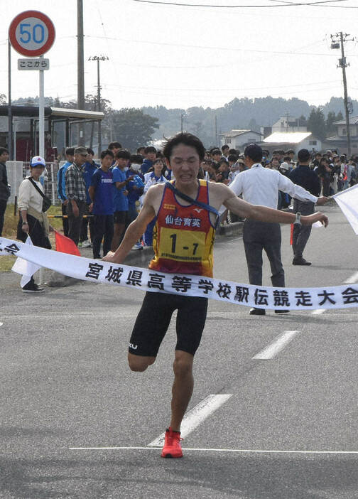 男子75回全国高校駅伝競走大会宮城県予選で優勝した仙台育英のアンカー、菅野元太＝宮城県栗原市で、2024年10月26日午後2時8分、竹田直人撮影