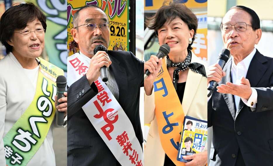 衆院選東京17区に立候補した（左から）日本維新の会の猪口幸子氏、共産党の新井杉生氏、国民民主党の円より子氏、無所属の平沢勝栄氏（奥原慎平撮影）