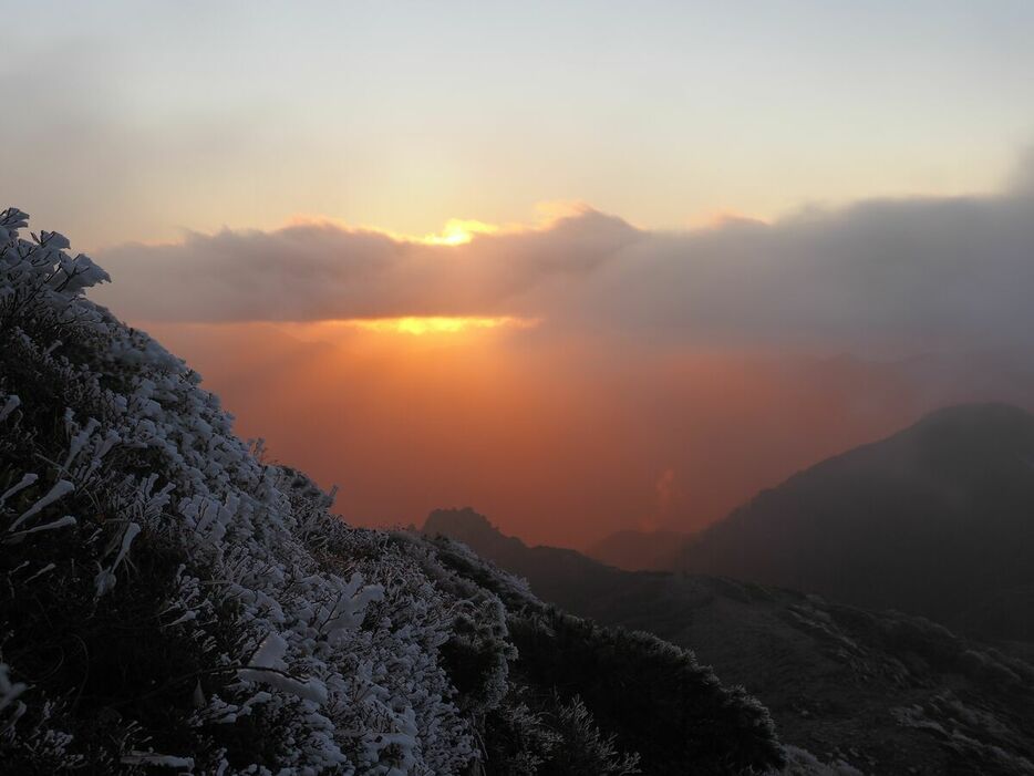 朝日岳北斜面の木々に付いた霧氷と神々しい夕焼け＝１０月２０日午後４時５１分、那須町湯本、田崎さん撮影