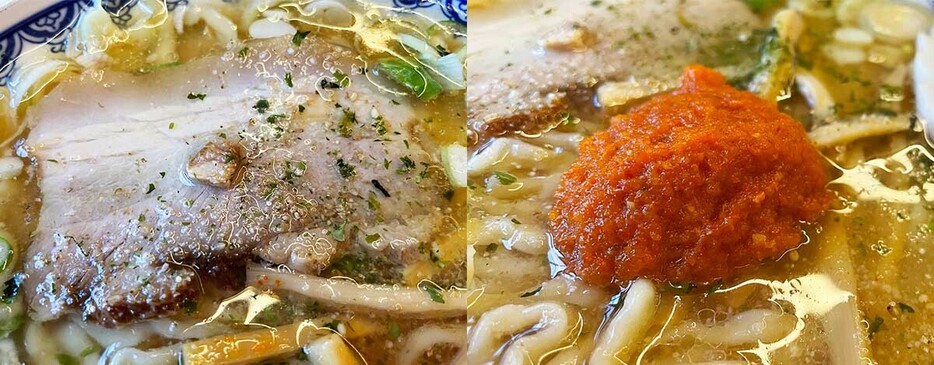 左）豚バラ肉を丁寧に煮込んだチャーシュー。（右）後半で「辛みそ」を崩すことで、味変