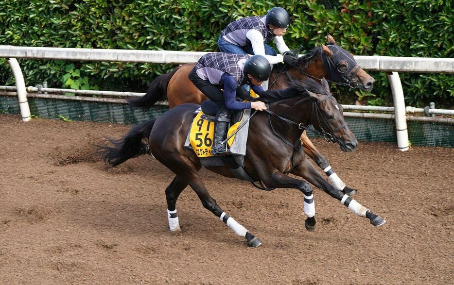 マスクトディーヴァ（手前）は余裕残しながら馬なりでクビ差先着した＝栗東トレセン（撮影・岩川晋也）