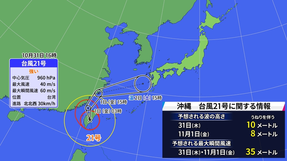 10月31日（木）午後4時の台風21号の予想進路図