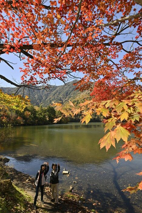 カエデなど見頃を迎えた湯ノ湖畔の紅葉＝21日午前11時40分、日光市湯元