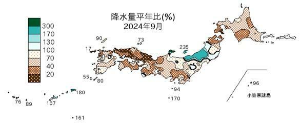 降水量平年比 出典：気象庁HP