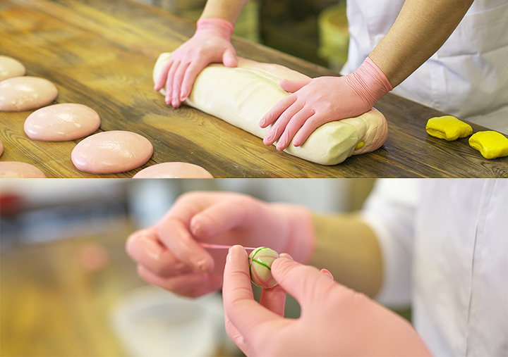 花麩に色のグラデーションを入れる工程（上）と、手まり麩に糸をまく工程（下）