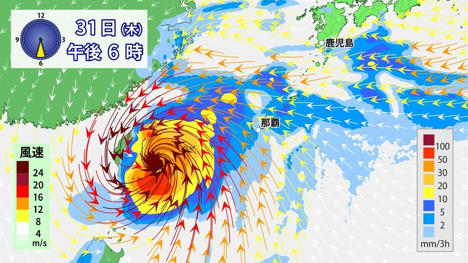 31日(木)午後6時の雨風予想