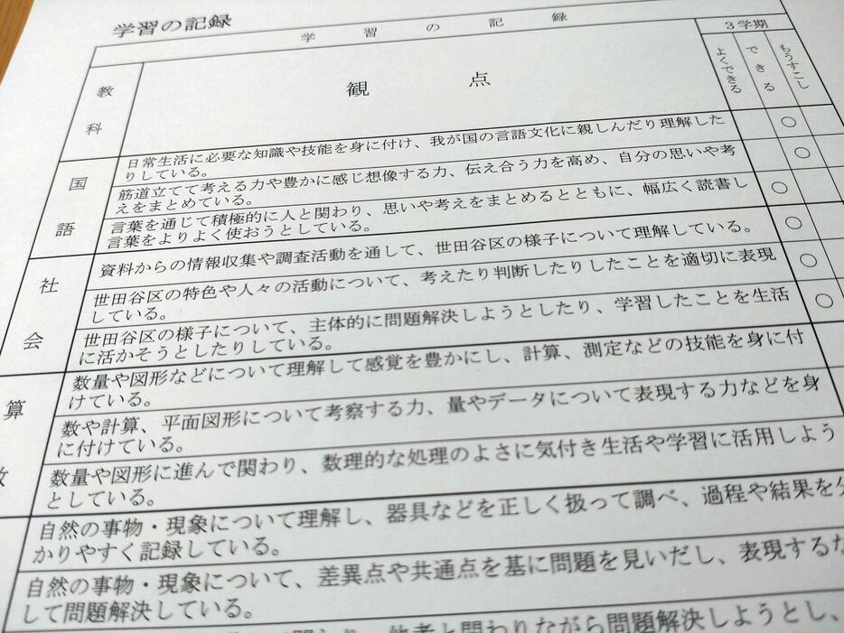 東京都内の小学校で児童に渡される通知表。「よくできる」「できる」「もうすこし」の3段階で評価している