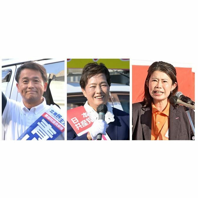 有権者に支持を訴える（左から）青山大人氏、間宮美知子氏、国光文乃氏（届け出順）