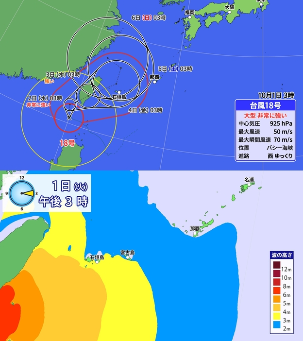 1日(火)午前3時の台風18号の位置と進路予想と1日(火)午後3時の波の予想