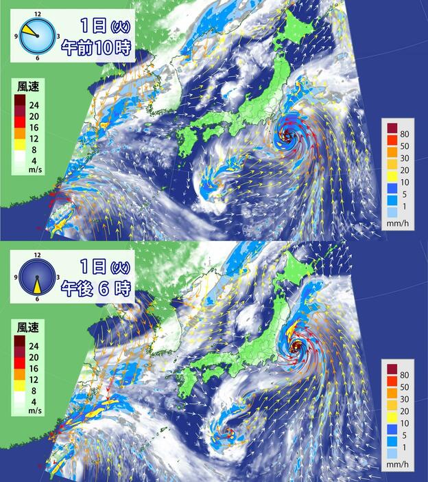 1日(火)午前10時と午後6時の雨・風の予想