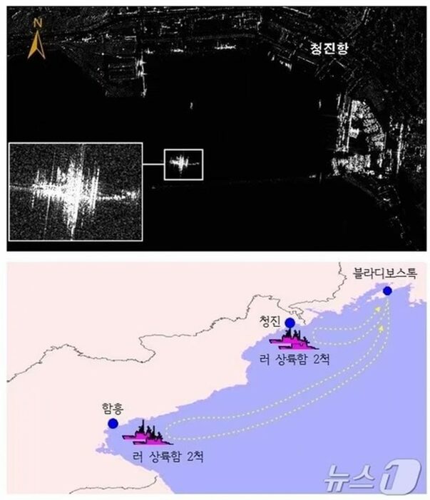 北朝鮮兵力輸送目的のロシア艦艇活動（上・10月12日）、ロシア上陸艦の北朝鮮兵力輸送活動の経路＝国家情報院提供(c)news1