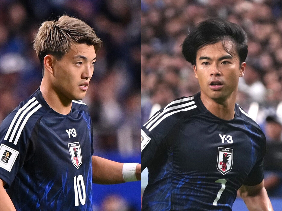 サッカー日本代表のウイングバックとしてＷ杯予選に３試合連続で先発している、堂安律（左）と三笘薫（右）　photo by Getty Images