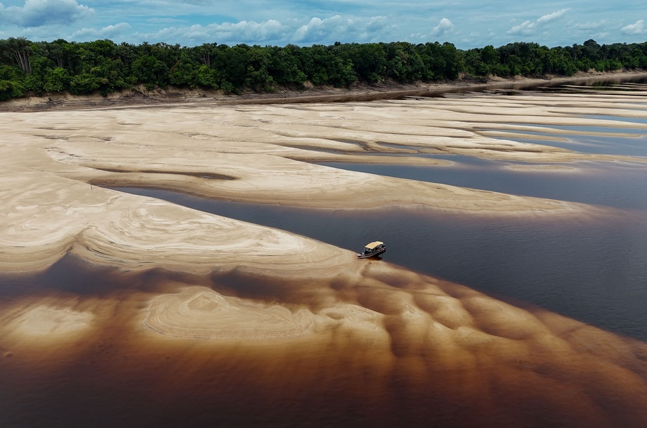 アマゾン川の支流であるネグロ川の水位が下がり、アナビリャーナス群島周辺で露呈した川底。ブラジル・アマゾナス州ノボアイランで（2024年10月1日撮影）。【翻訳編集】 AFPBB News