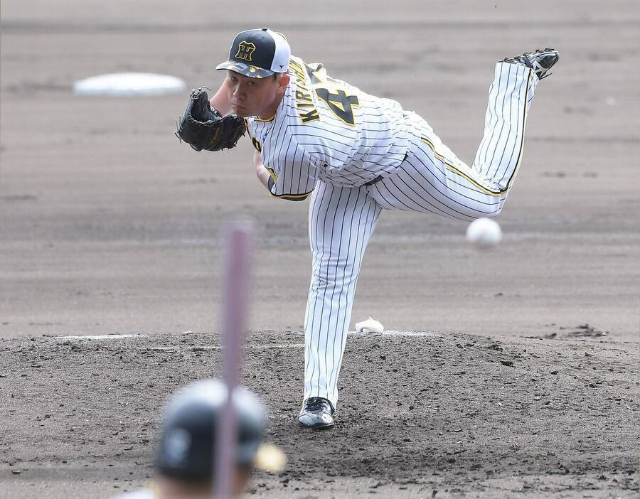 シート打撃練習に登板した阪神・桐敷拓馬＝西宮市・甲子園球場（撮影・林俊志）