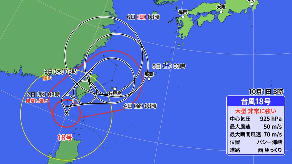 1日(火)午前3時の台風18号の位置と進路予想