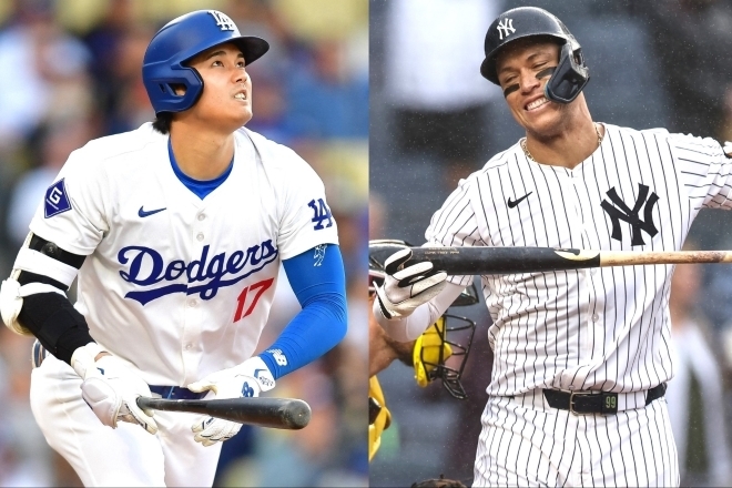 MLBが誇る二大スーパースター、大谷（左）とジャッジ（右）。ワールドシリーズでの対決実現に期待がかかる。(C)Getty Images, REUTERS/AFLO