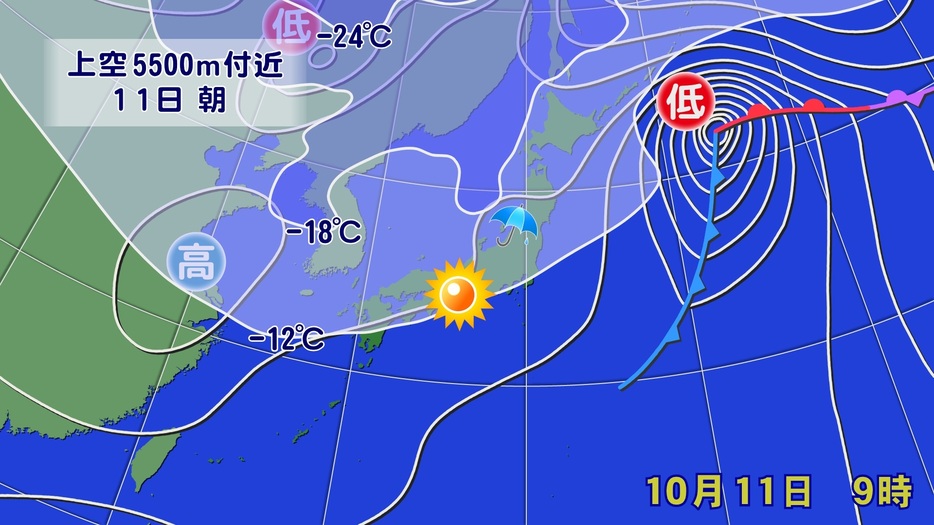 11日（金）午前9時の天気図と上空の寒気