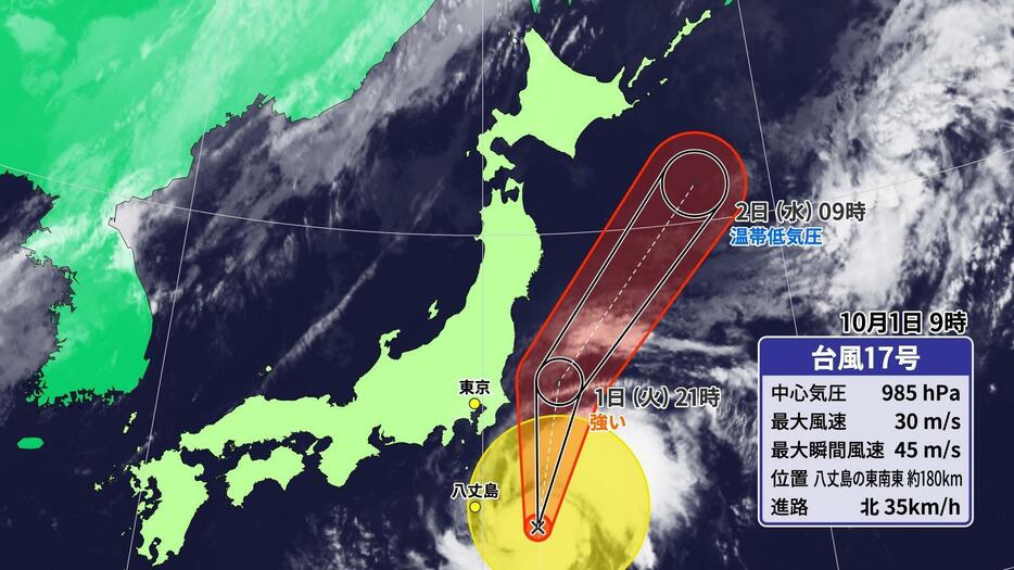 1日(火)午前9時の台風17号の位置と予想進路