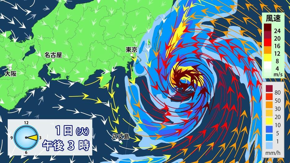 1日(火)午後3時の雨・風の予想