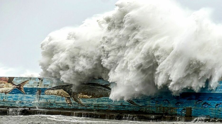 台風２１号が迫る台湾・台東県沿岸の防潮堤に押し寄せる大波