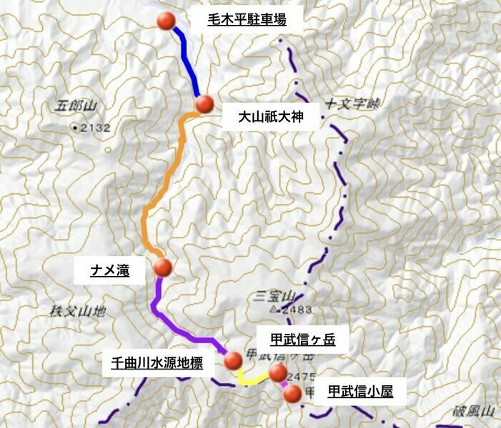 長野県側の毛木平駐車場から甲武信ヶ岳を目指すピストンコース（国土地理院地図より引用）