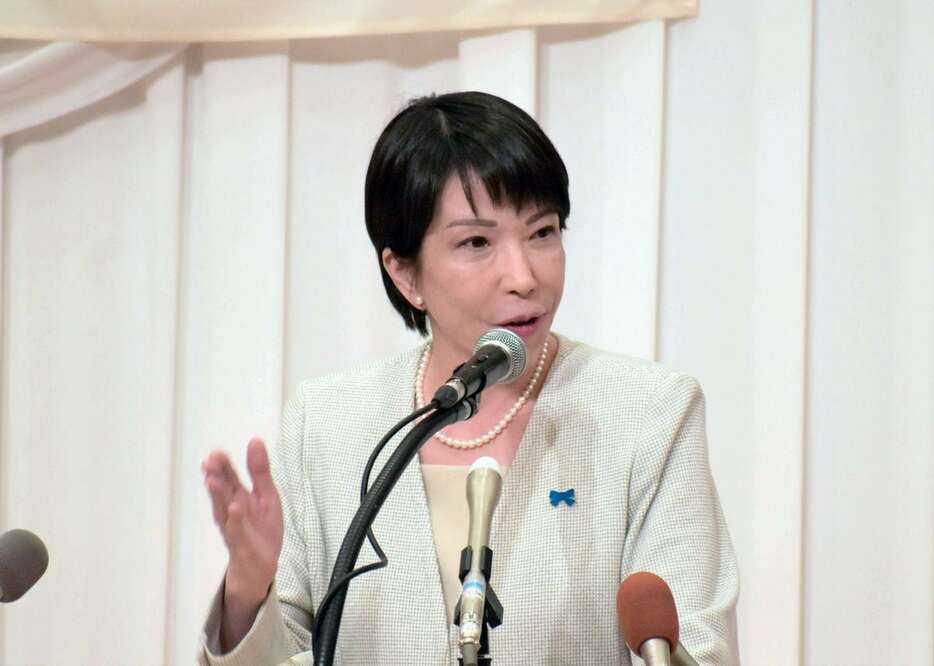 応援演説を行う高市早苗前経済安全保障担当相＝16日、新潟県燕市（長橋和之撮影）