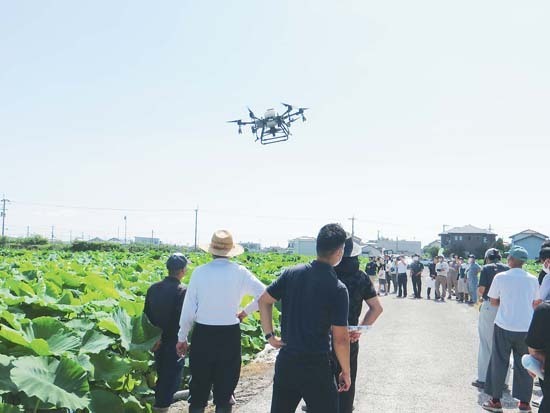 農業用ドローンを見学する生産者ら（徳島県鳴門市で）