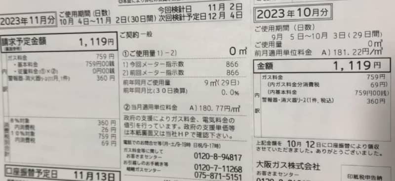 使用料がゼロのガス料金請求書