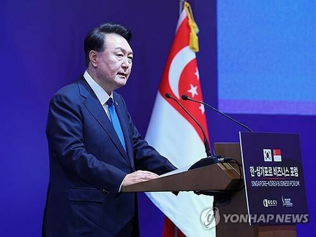 「韓国・シンガポールビジネスフォーラム」に出席した尹大統領＝8日、シンガポール（聯合ニュース）