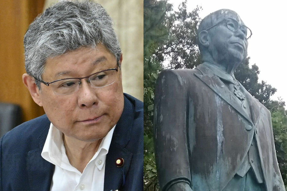 高木毅氏（左）の父・高木孝一氏の銅像（右）にはパンツが被せられたこともあったという