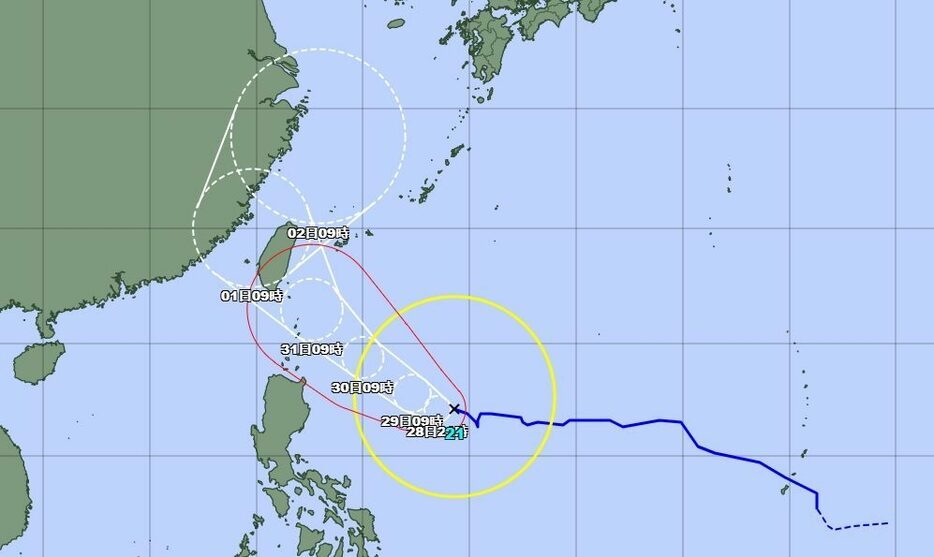 台風21号の28日午前９時現在の予想進路図（気象庁HPより）