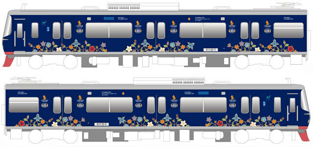 シンガポール航空のバティック柄広告をデザインした名鉄の車両イメージ（シンガポール航空提供）