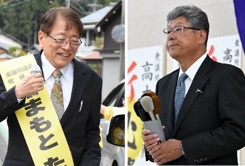 （左）有権者にあいさつする山本拓氏＝福井県越前市で2024年10月22日午後2時31分、古川幸奈撮影（右）落選が確実となった高木毅氏＝福井県敦賀市で2024年10月27日午後9時31分、大西岳彦撮影