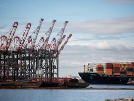 A container ship leaves the Port of Newark in Elizabeth, New Jersey.