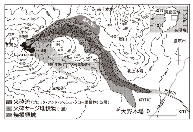 雲仙普賢岳で1991年9月15日に発生した火砕サージの進路　藤井敏嗣氏と中田節也氏による(鍵山恒臣編『マグマダイナミクスと火山噴火』朝倉書店より)