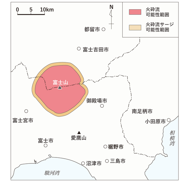 火砕流と火砕サージの可能性マップ　火砕流と火砕サージは富士山の全周にわたって発生する可能性がある