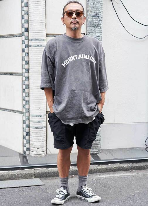 Tシャツ＝ロスト　カットソー＝メゾンスペシャル　パンツ＝カリマー　シューズ＝コンバース　眼鏡＝オークリー　靴下＝スタンス　ネックレス、リング＝ともにクロムハーツ