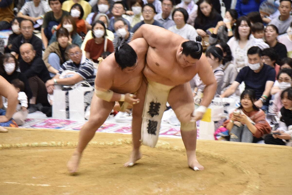 琴桜と投げの打ち合いをする平戸海（左）