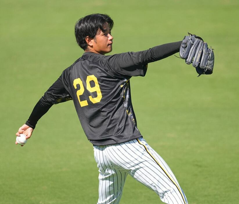 試合前練習でキャッチボールをする阪神・高橋遥人＝甲子園球場（撮影・松永渉平)