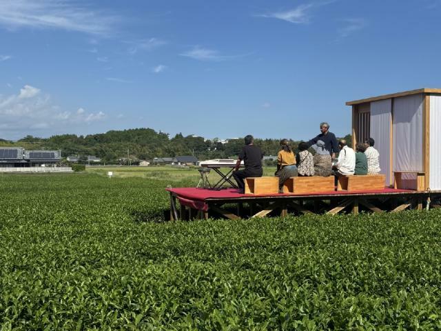 茶畑を眺めながら茶を味わう参加者ら