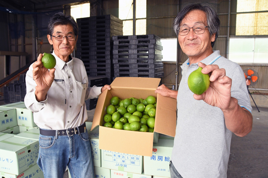 「南房総レモン」と生産者ら＝南房総