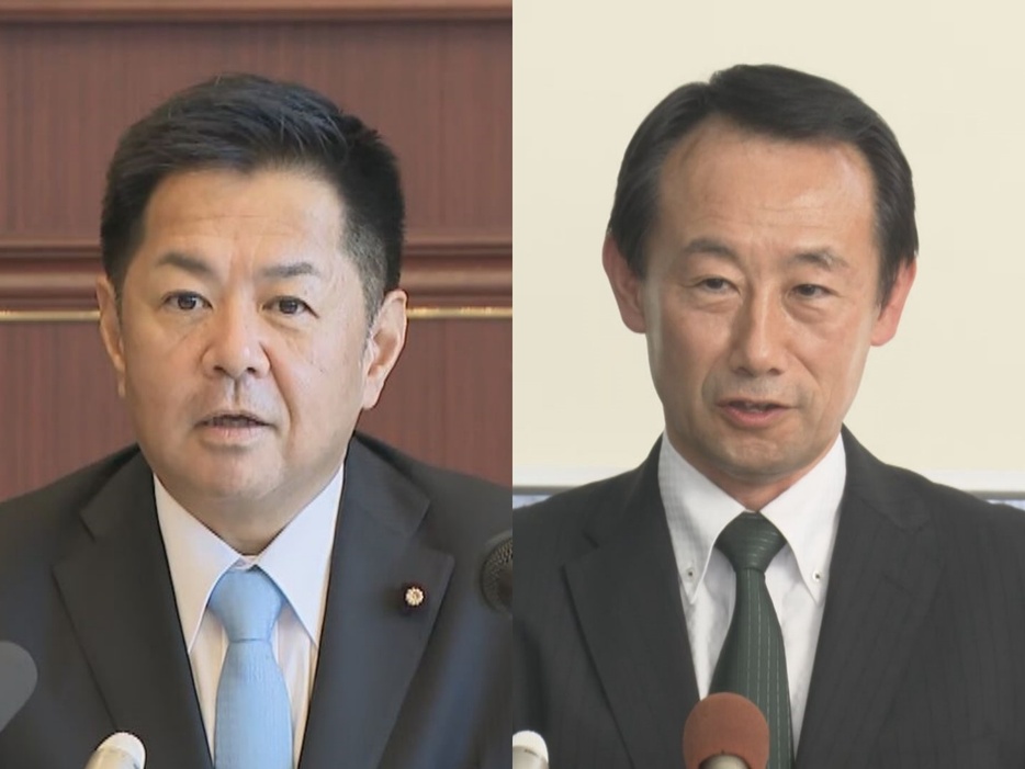 渡辺猛之参院議員(左)と江崎禎英さん(右)