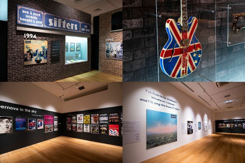 「リヴ・フォーエヴァー: Oasis 30周年特別展」の展示内容。上段左から第一章と第二章、下段左から第三章、第四章