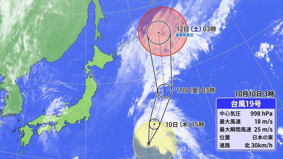 10日(木)午前3時の台風19号の位置と予想進路