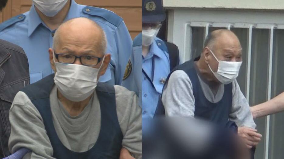 送検される海野被告（88）と渡辺被告（71）　（ことし7月）