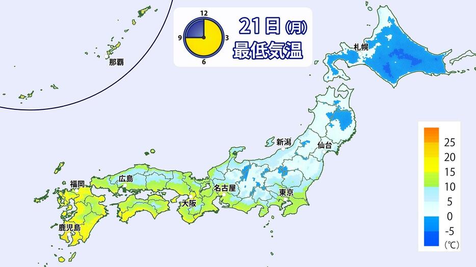 21日(月)の予想最低気温の分布