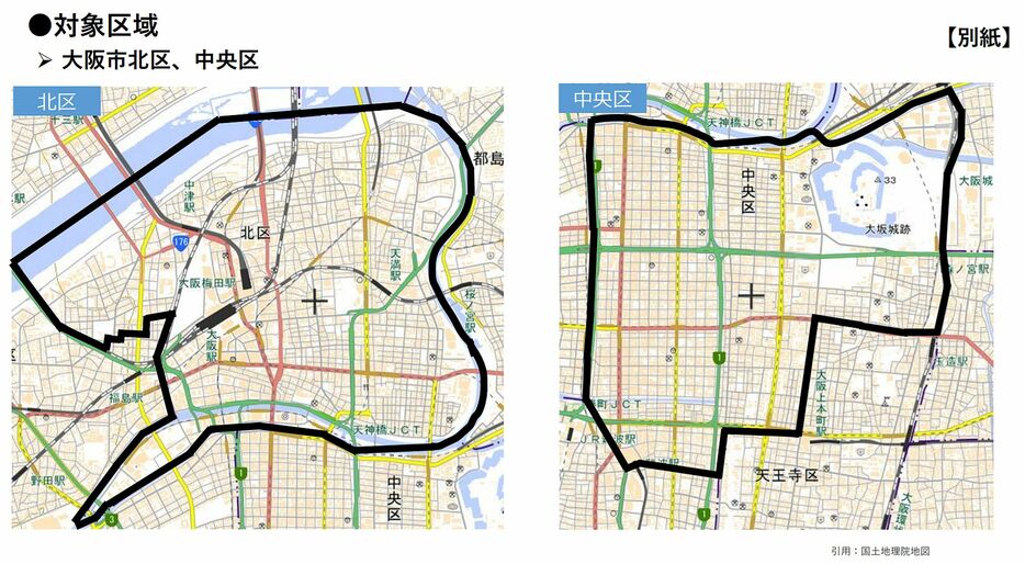 [資料]休業要請の対象区域の地図（大阪府公式サイトから）