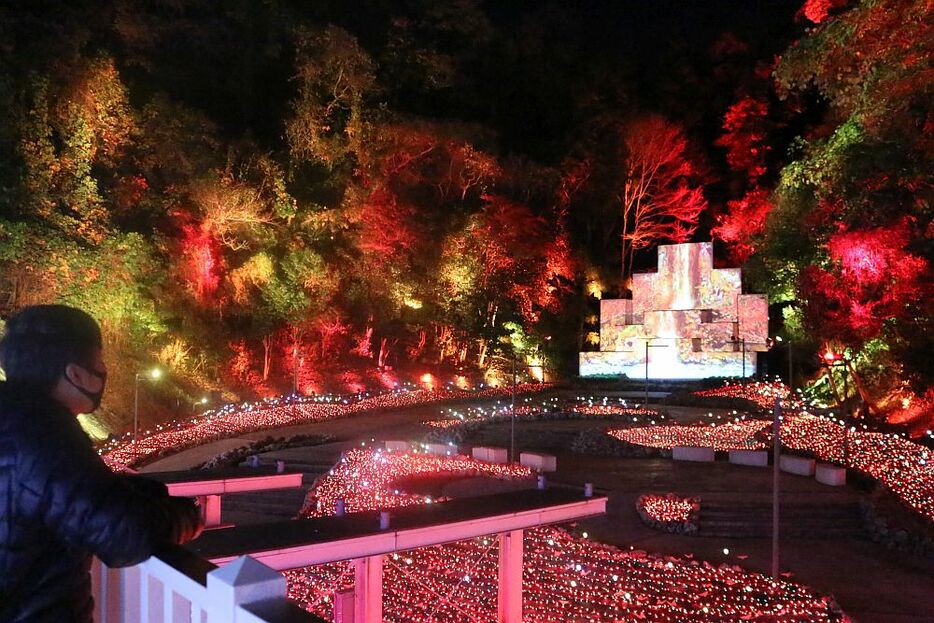 兵庫県三木市の「ネスタリゾート神戸」は20日から、イルミネーション企画「ネスタイルミナ～光のさんぽみち～」を行う。19日には報道公開が行われ、300万球もの電飾をつかったイルミネーションが輝きを放っていた＝19日午後6時半ごろ、兵庫県三木市で