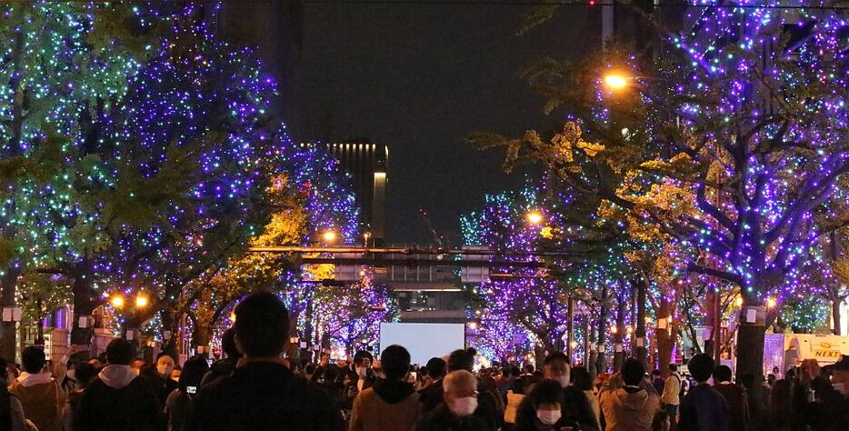 大阪のメインストリート「御堂筋」をライトアップする毎年恒例の大阪・光の響宴が3日夜に開幕。「御堂筋イルミネーション」では、イチョウ並木に約4キロにわたるLED電球が設置され、多くの通行人が鮮やかな輝きに目を奪われた＝3日午後5時40分ごろ、大阪市中央区で