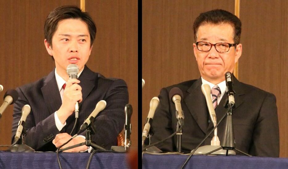 [写真]大阪維新の会の吉村洋文代表代行（大阪府知事・左）と松井一郎代表（大阪市長）＝1日夜、大阪市北区で